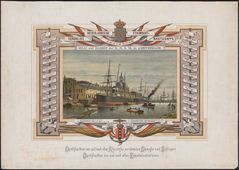 Advertentie van de Koninklijke Nederlandsche Stoomboot-Maatschappij (KNSM). Duitstalige advertentie van de Koninklijke Nederlandsche Stoomboot-Maatschappij uit 1876. Afgebeeld is het KNSM-etablissement aan de Nieuwe Vaart in Amsterdam.