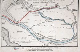 Plan voor aanleg van een kanaal door Voorne. Schetskaart, waarop wordt aangegeven dat de route voor schepen die bij Goeree binnenvallen met bestemming de haven van Rotterdam, aanzienlijk bekort wordt door het aanleggen van een kanaal door Voorne, 1825.