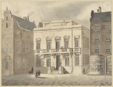 Amsterdamse College Zeemanshoop. Het gebouw, Dam 10 in Amsterdam, waar het Amsterdamse College Zeemanshoop tussen 1864 en 1914 zetelde.