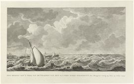 Redding van opvarenden uit de Oostindiëvaarder <em>Woestduyn</em>. Het redden van opvarenden van het voor Westkapelle verongelukte VOC-schip <em>Woestduyn</em> door de gebroeders Frans en Jacob Naerebout op 24 juli 1779.