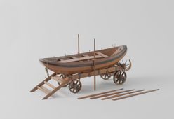 Model van een reddingboot op een wagen. Het is een model van de eerste reddingboten die op last van de Staten-Generaal gestationeerd werden in diverse kustplaatsen, ca. 1768.