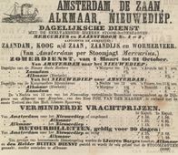 Dienstregeling van de stoomboot. Krantenadvertentie met de dienstregeling van de stoomvaartdienst in 1859 van Amsterdam via Zaandam en Alkmaar naar Den Helder. Dergelijke advertenties stonden vaak in de kranten.