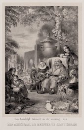 Michiel de Ruyter als huisvader. Zo zag men Michiel de Ruyter het liefst in de negentiende eeuw: een gemoedelijke vaderfiguur, omringd door zijn liefhebbende familie.
