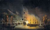 Het bombardement van Algiers 1816. Een Engelse-Nederlandse vloot bombardeert de stad Algiers. Daarmee kwam een definitief einde aan de activiteiten van de Barbarijse zeerovers.