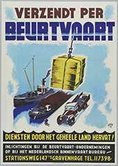 Affiche om de beurtvaart te propageren, 1945-1946. Dit affiche verscheen direct na de oorlog, toen alle bestemmingen weer bereikbaar waren. In die periode kon de beurtvaart op wat langere afstanden nog goed met de vrachtwagen concurreren, temeer omdat de overschakeling van water- op wegvervoer voor veel bedrijven een flinke investering vergde, terwijl ook de vervoersvoorzieningen in agrarische gebieden groten-deels op watervervoer waren ingesteld. Na de oorlog nam het wegvervoer de functie van de beurtvaart snel over. Tussen 1950 en 1970 verdween de beurtvaart van de Nederlandse vaarwegen.